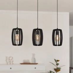 EGLO Bajazzara Pendant Light, 3 Cage Lampshades, Black