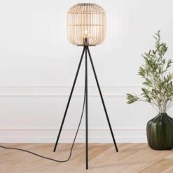 EGLO Bordesley Floor Lamp Tripod, Wooden Lampshade