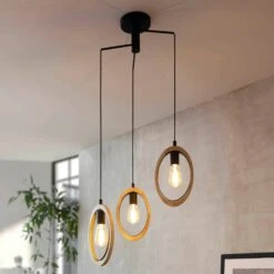EGLO Basildon Hanging Light, Wood Details 3-bulb, Rings