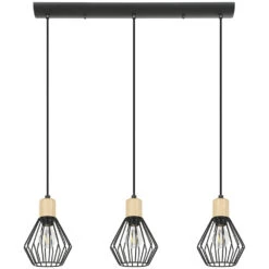EGLO Palmorla 3 Light 32 Inch Black And Natural Wood Pendant Ceiling Light